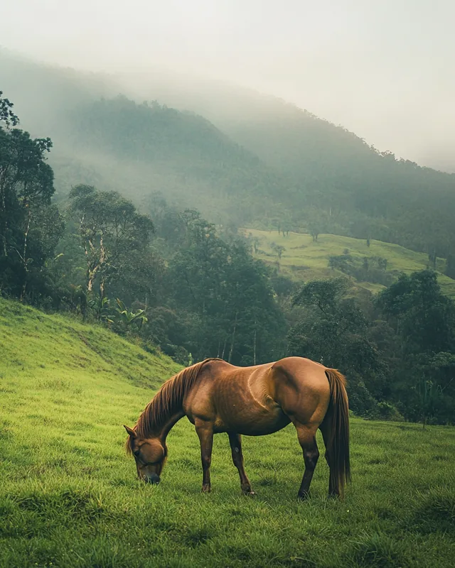 Caballo alazán pastando en una ladera verde con neblina